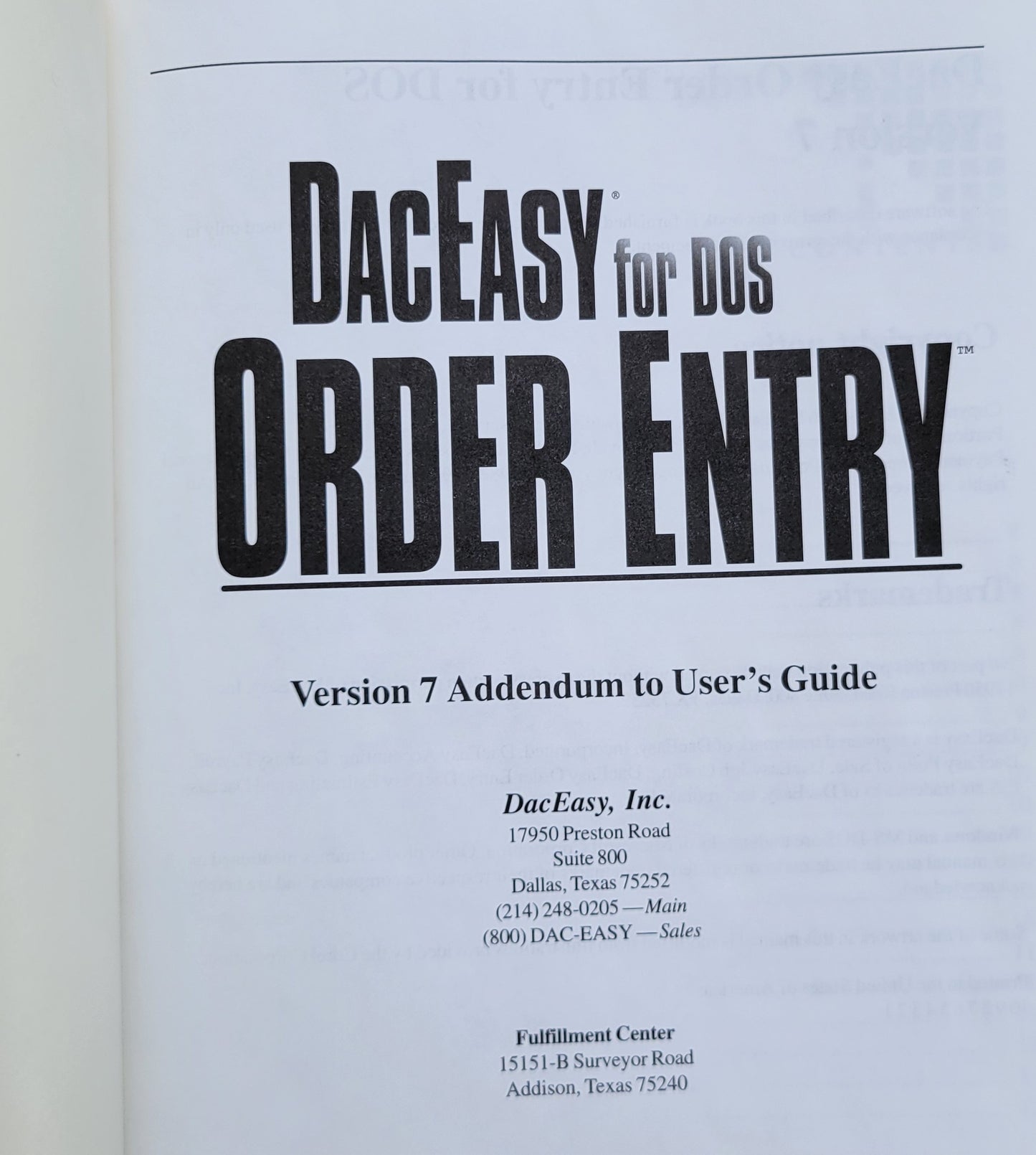 Vintage - DacEasy for DOS: Order Entry Addendum