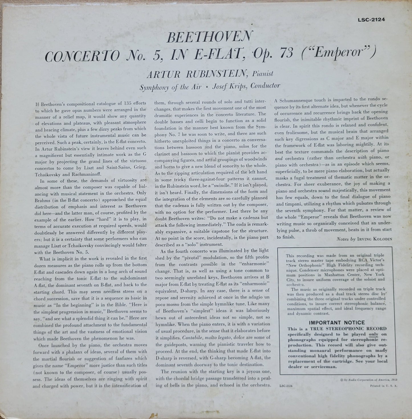 LP Record - Beethoven Piano Concerto No. 5 by Rubinstein