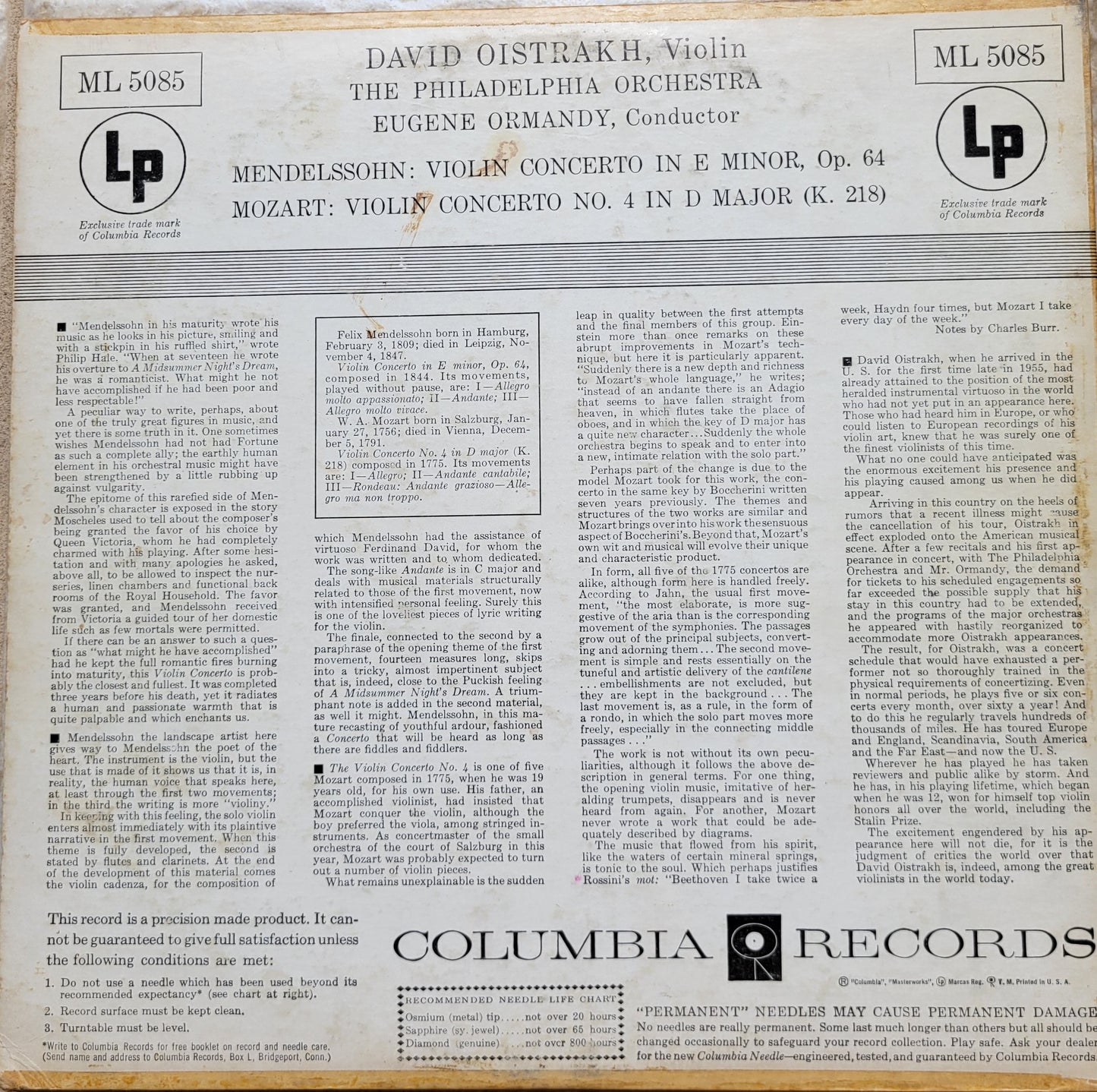 LP Record - Mendelssohn: Violin Concerto, Mozart: Violin Concerto No. 4