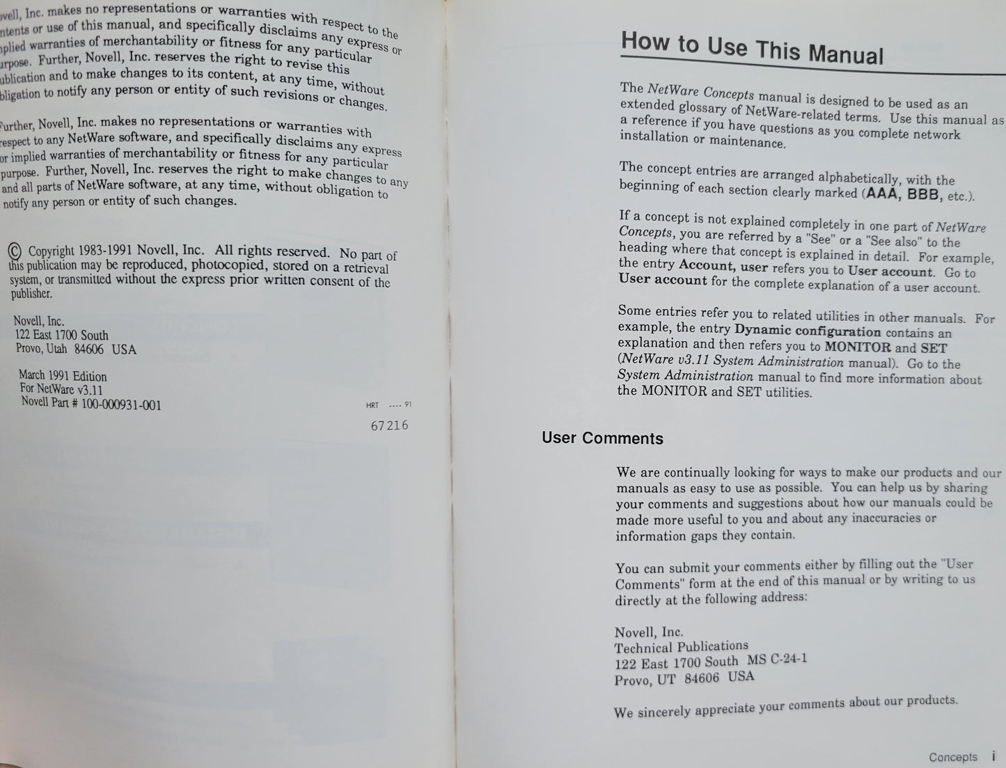 Vintage - NOVELL Netware Version 3.11 Concepts