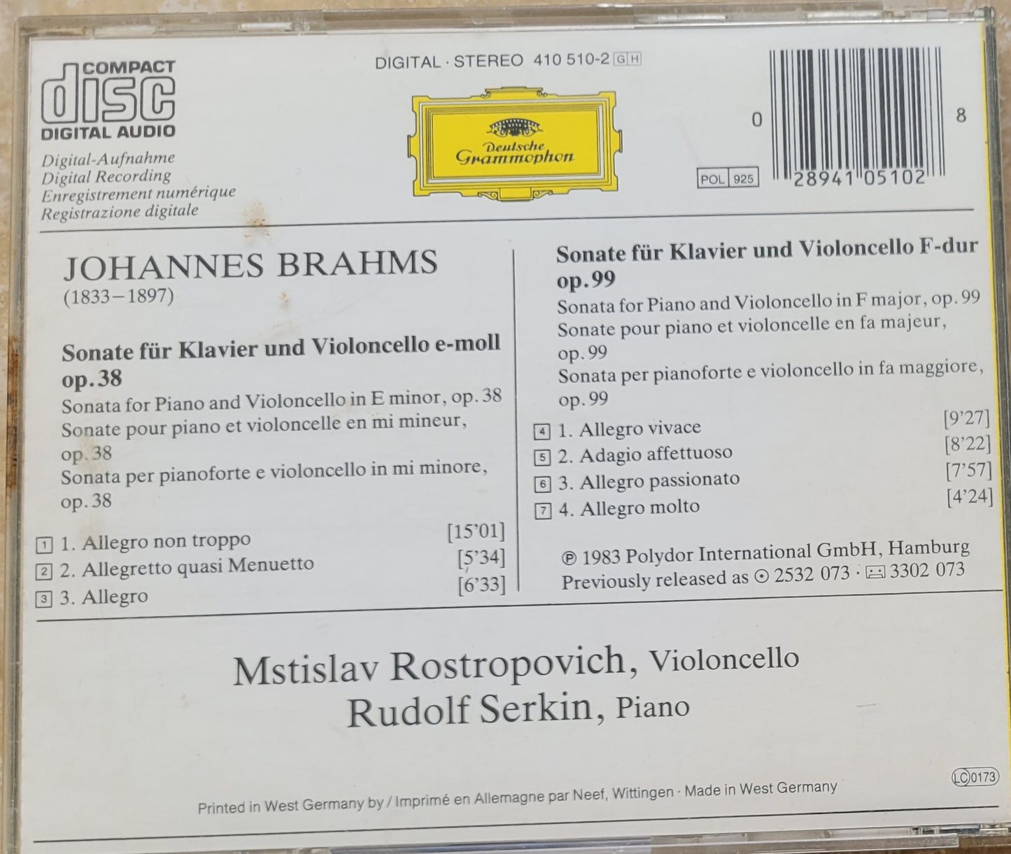 2. Music CD - Johannes Brahms: Cello Sonatas, Rostropovich, Rudolf Serkin, 1983