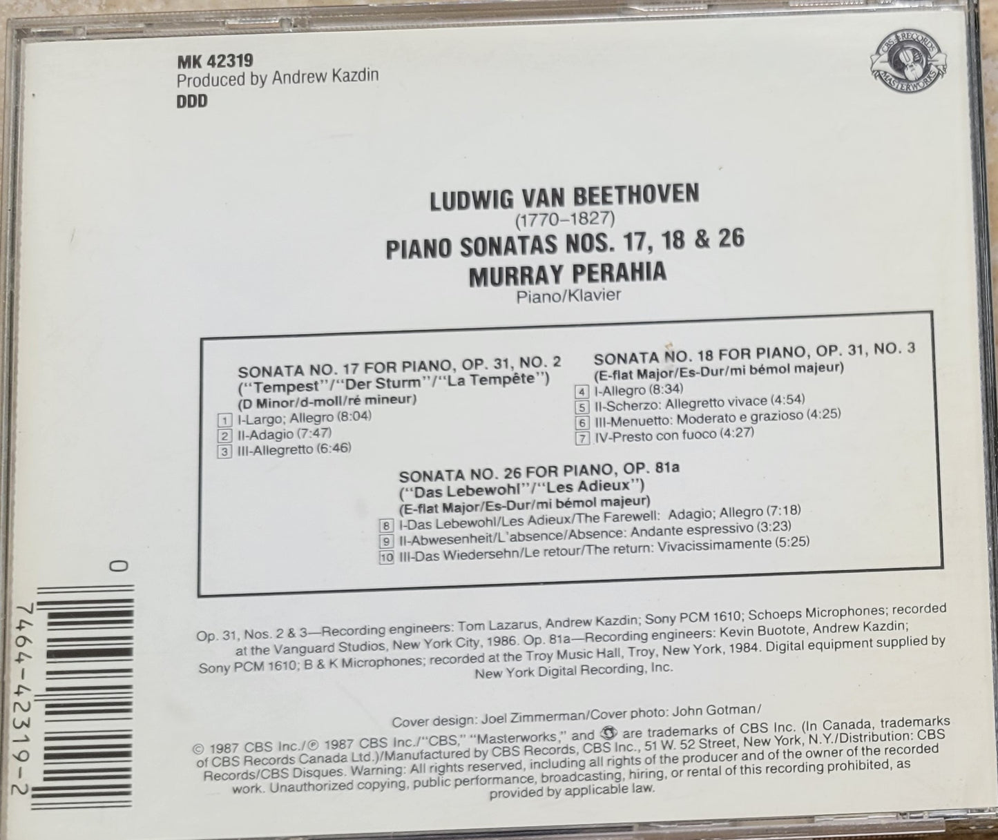 Music CD - Beethoven: Sonatas Nos. 17 "Tempest", 18, 26, Murray Perahia, 1987