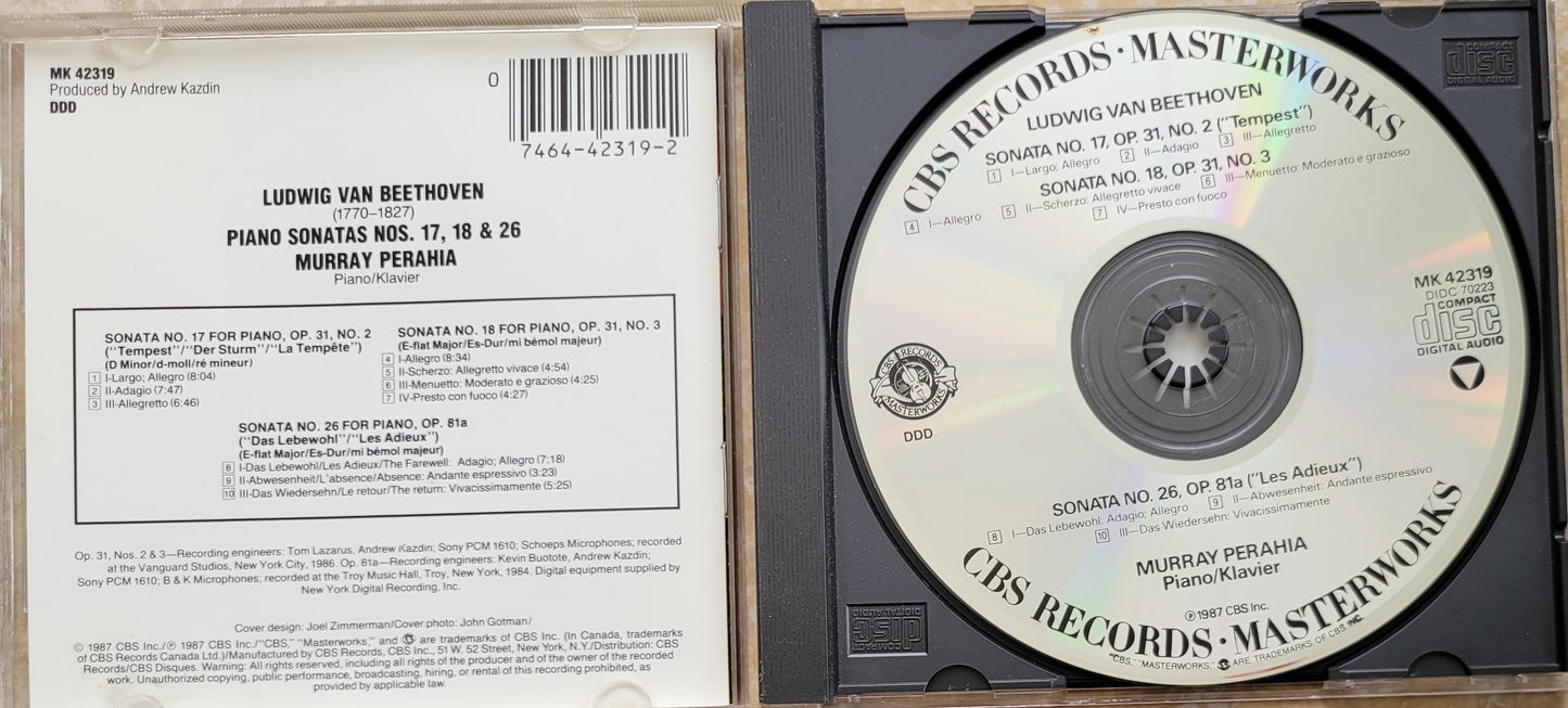 Music CD - Beethoven: Sonatas Nos. 17 "Tempest", 18, 26, Murray Perahia, 1987