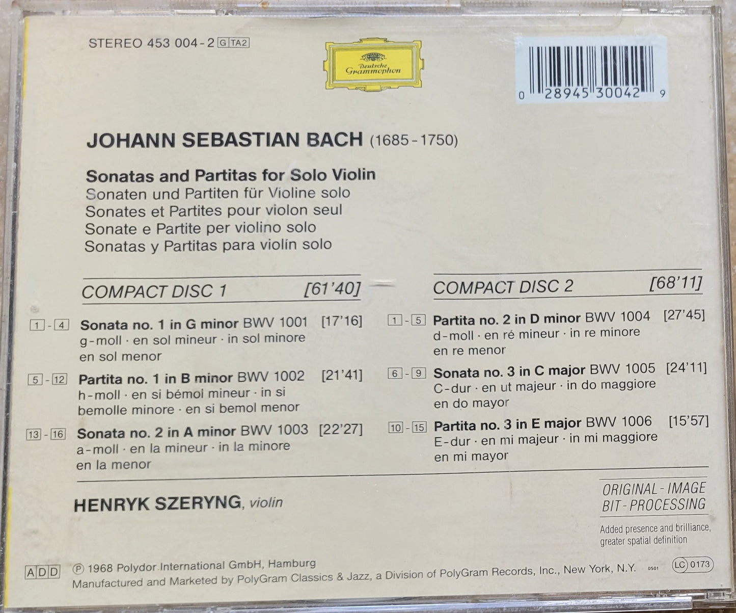 Music CD - Bach: Sonatas &amp; Partitas for Violin, Henryk Szeryng, 2CDs, 1968