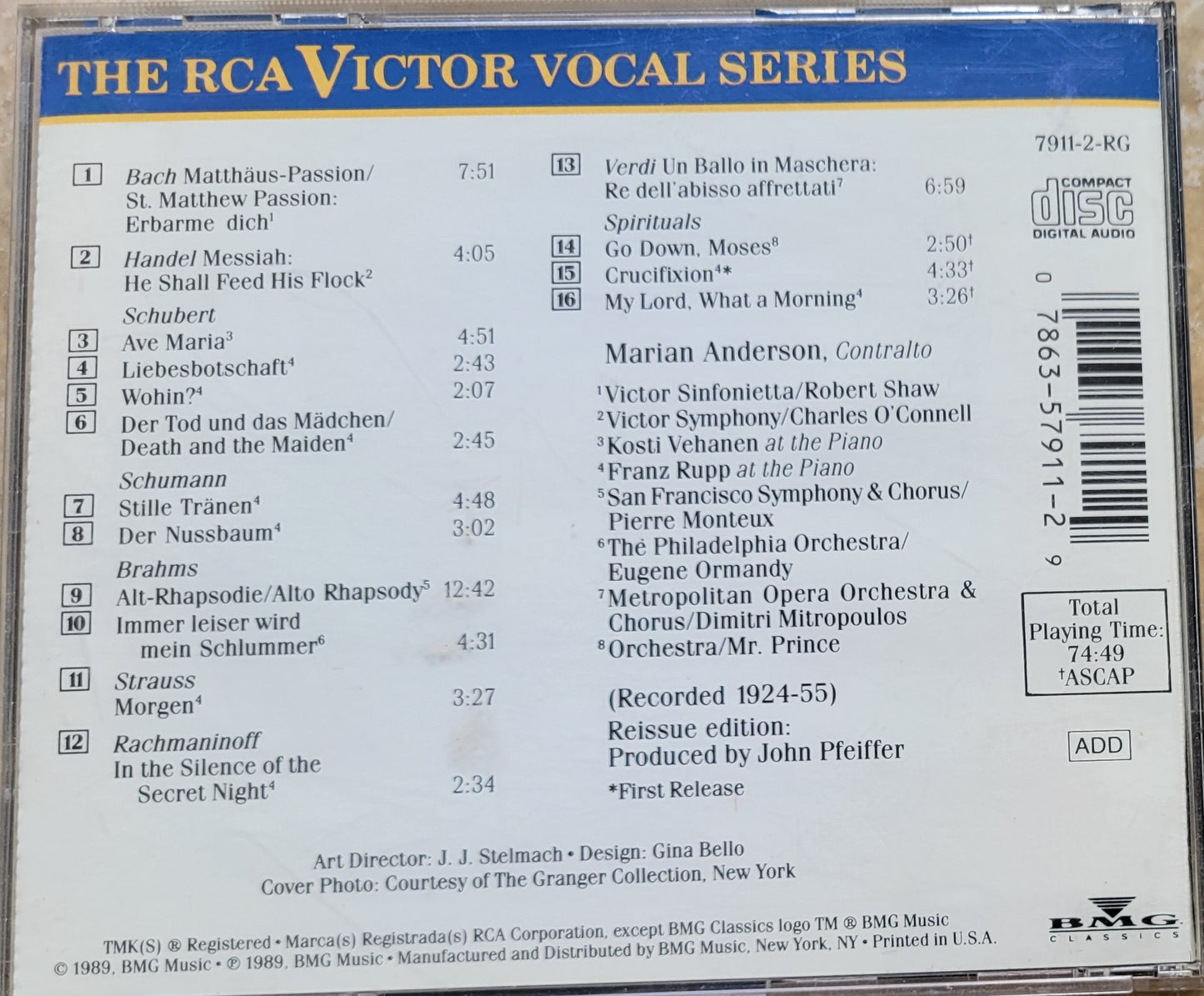 Music CD - Bach, Brahms, Schubert: Marian Anderson, 1989